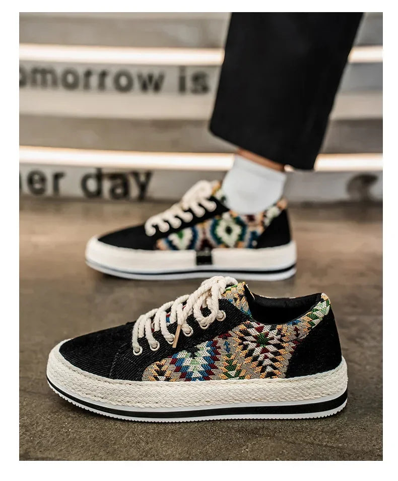 Men'S Breathable Canvas Shoes Soft Rubber Sole Casual Work Sneakers Round Toe Summer Season Patchwork