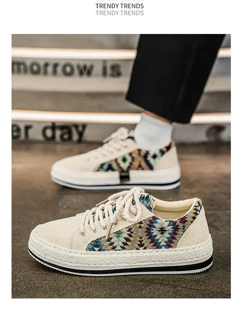 Men'S Breathable Canvas Shoes Soft Rubber Sole Casual Work Sneakers Round Toe Summer Season Patchwork