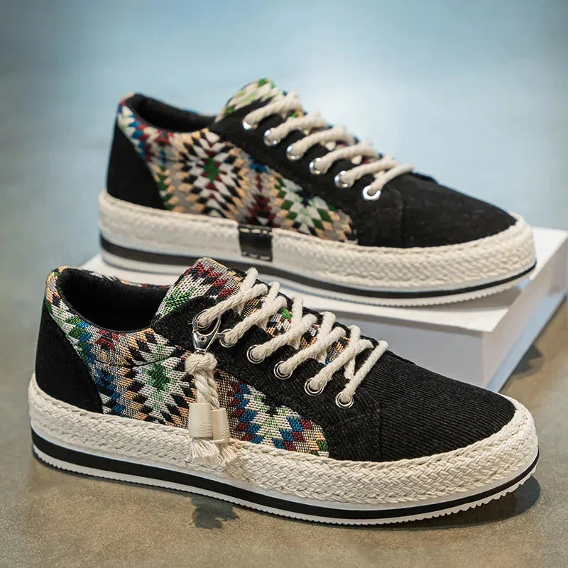 Men'S Breathable Canvas Shoes Soft Rubber Sole Casual Work Sneakers Round Toe Summer Season Patchwork