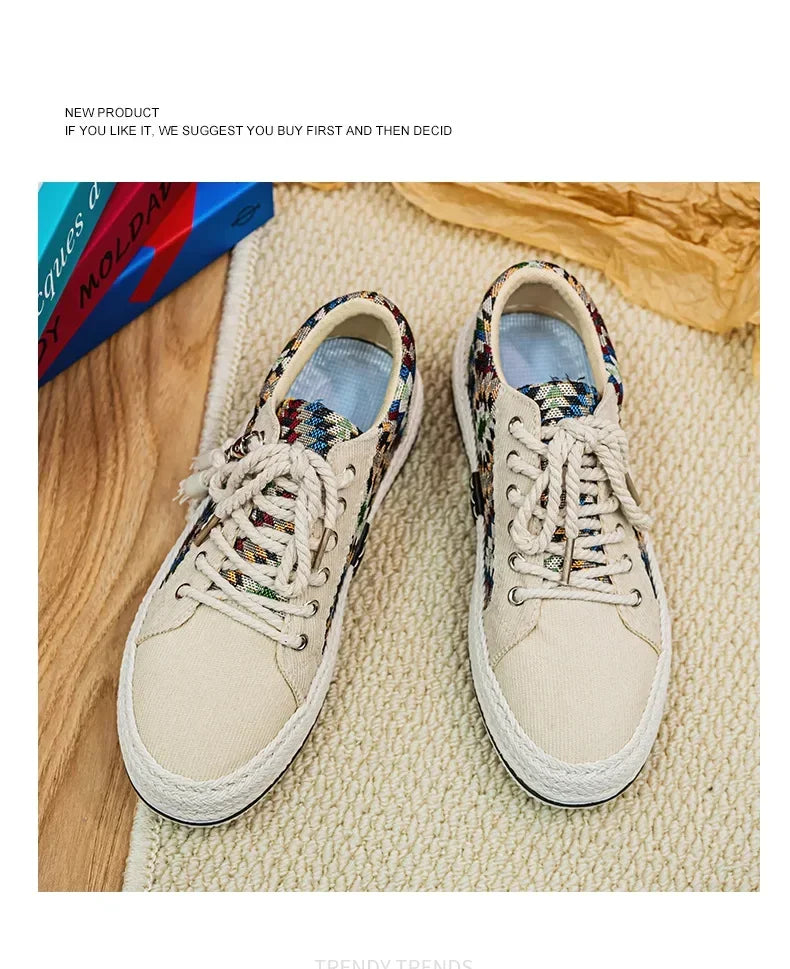 Men'S Breathable Canvas Shoes Soft Rubber Sole Casual Work Sneakers Round Toe Summer Season Patchwork