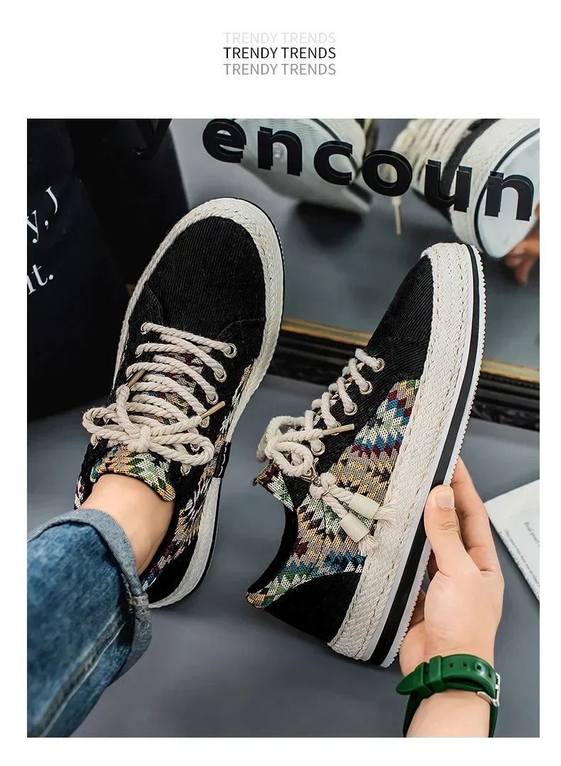 Men'S Breathable Canvas Shoes Soft Rubber Sole Casual Work Sneakers Round Toe Summer Season Patchwork