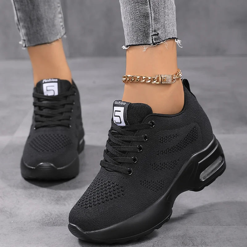 Women Sport Shoes Air Cushion Sneakers Height Increase Air Mesh Shoes Lace Up Walking Shoes 36-42