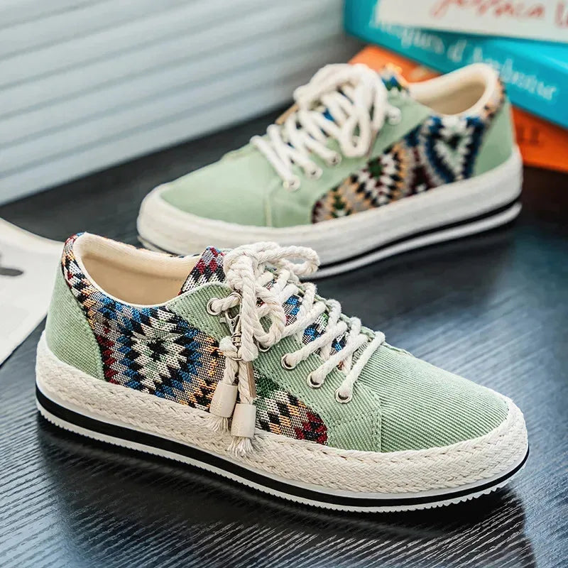 Men'S Breathable Canvas Shoes Soft Rubber Sole Casual Work Sneakers Round Toe Summer Season Patchwork