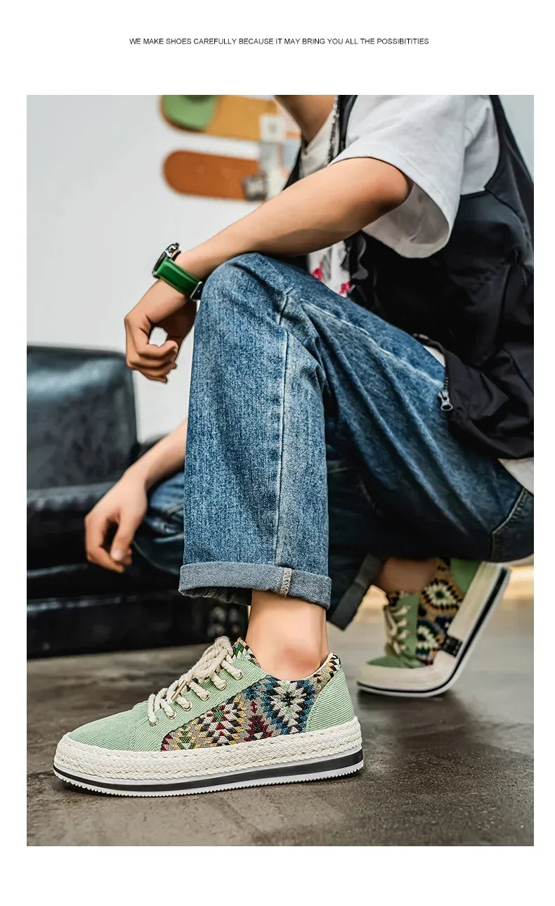 Men'S Breathable Canvas Shoes Soft Rubber Sole Casual Work Sneakers Round Toe Summer Season Patchwork