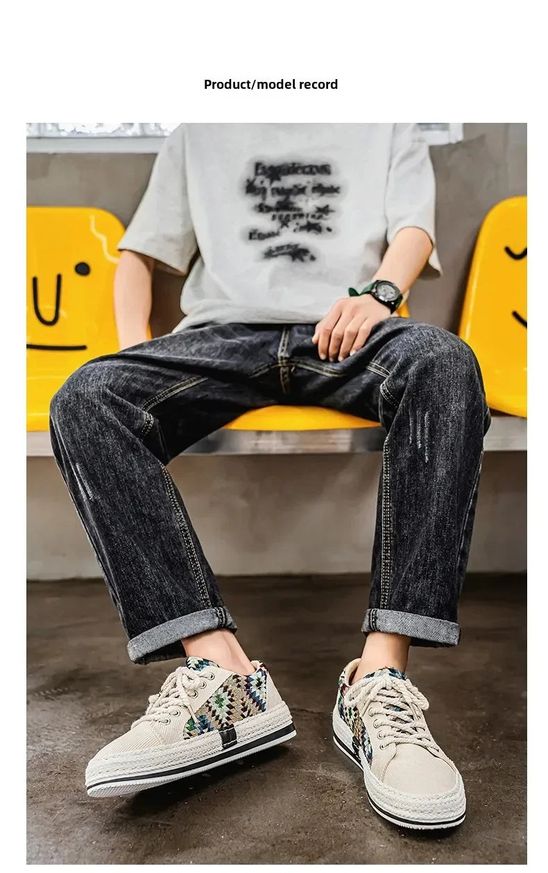 Men'S Breathable Canvas Shoes Soft Rubber Sole Casual Work Sneakers Round Toe Summer Season Patchwork
