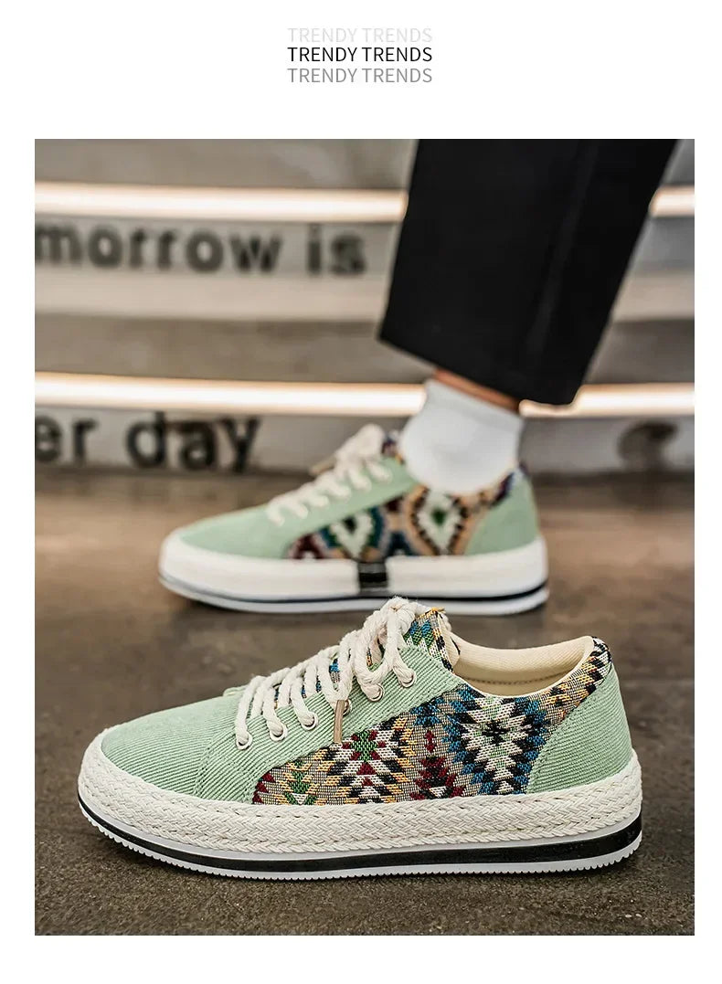 Men'S Breathable Canvas Shoes Soft Rubber Sole Casual Work Sneakers Round Toe Summer Season Patchwork