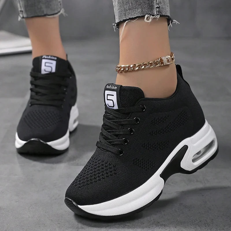 Women Sport Shoes Air Cushion Sneakers Height Increase Air Mesh Shoes Lace Up Walking Shoes 36-42