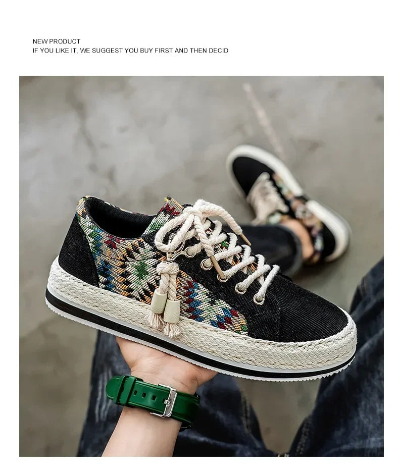 Men'S Breathable Canvas Shoes Soft Rubber Sole Casual Work Sneakers Round Toe Summer Season Patchwork