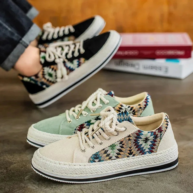 Men'S Breathable Canvas Shoes Soft Rubber Sole Casual Work Sneakers Round Toe Summer Season Patchwork