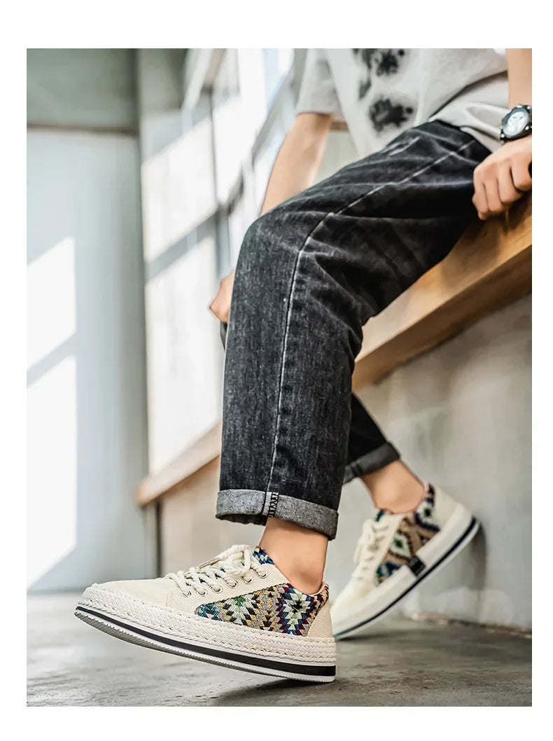 Men'S Breathable Canvas Shoes Soft Rubber Sole Casual Work Sneakers Round Toe Summer Season Patchwork